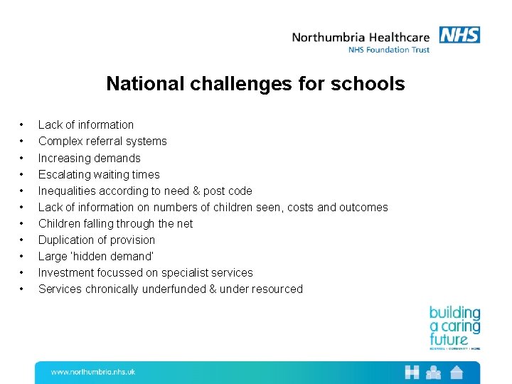 National challenges for schools • • • Lack of information Complex referral systems Increasing