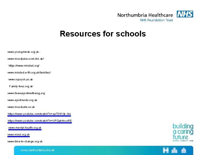 Resources for schools www. youngminds. org. uk. www. moodjuice. scot. nhs. uk/ https: //www.