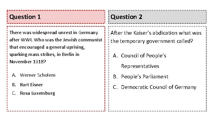 Question 1 Question 2 There was widespread unrest in Germany after WWI. Who was