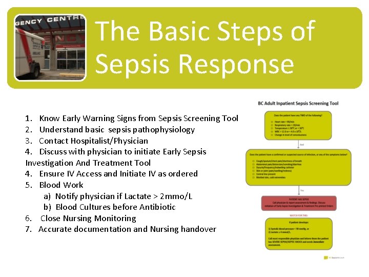 The Basic Steps of Sepsis Response 1. Know Early Warning Signs from Sepsis Screening