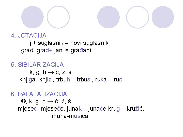 4. JOTACIJA j + suglasnik = novi suglasnik grad: grad+ jani = građani 5.