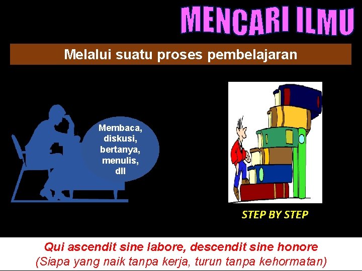 Melalui suatu proses pembelajaran Membaca, diskusi, bertanya, menulis, dll STEP BY STEP Qui ascendit