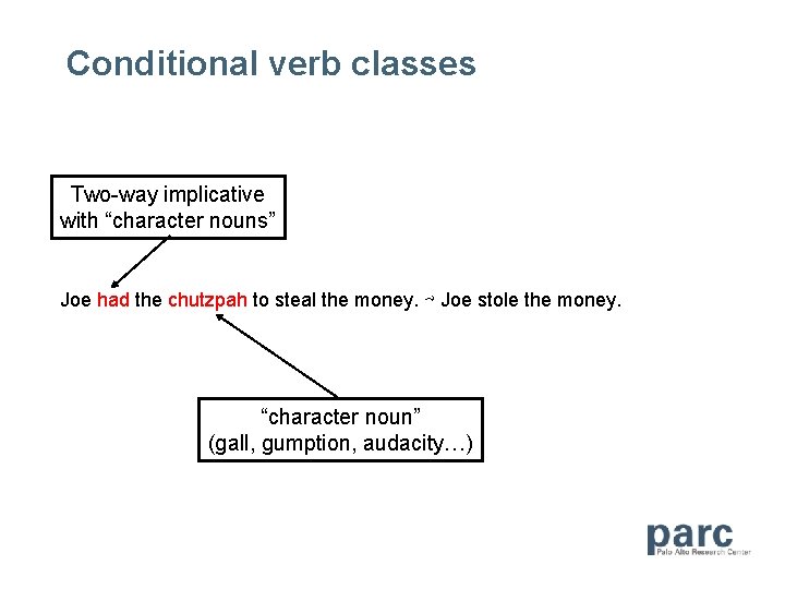 Conditional verb classes Two-way implicative with “character nouns” Joe had the chutzpah to steal