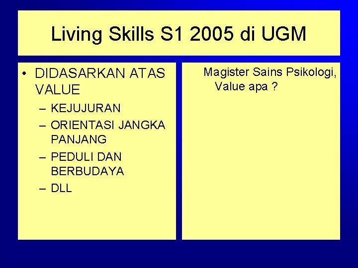 Living Skills S 1 2005 di UGM • DIDASARKAN ATAS VALUE – KEJUJURAN –