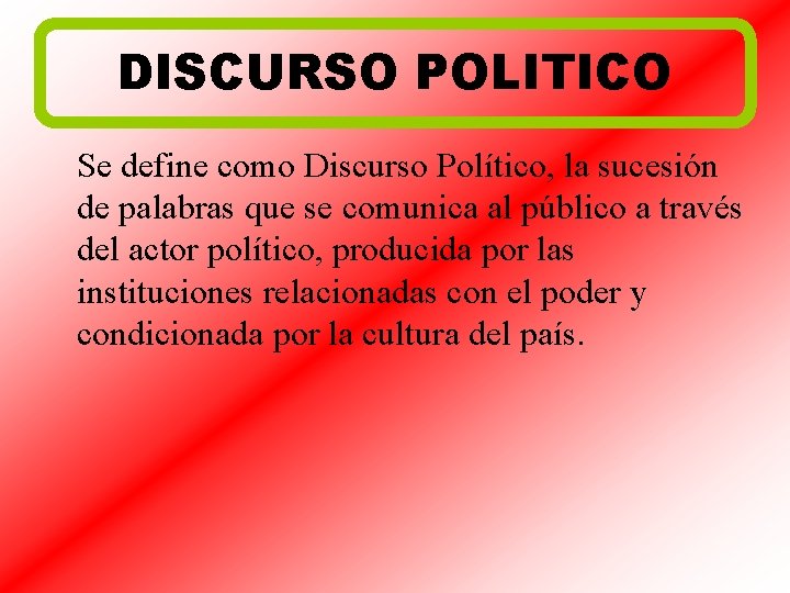 DISCURSO POLITICO Se define como Discurso Político, la sucesión de palabras que se comunica