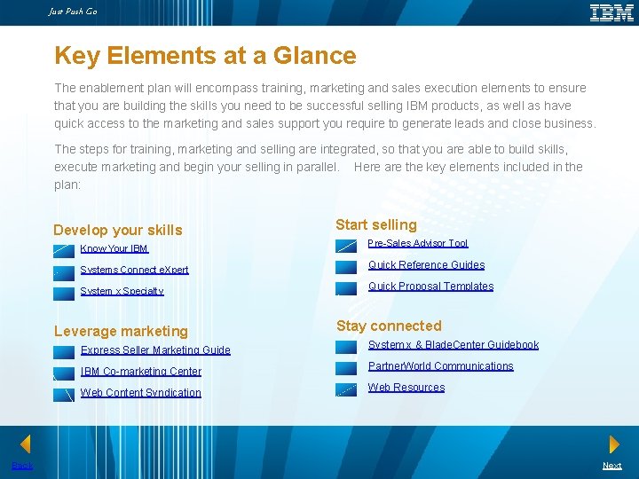 Just Push Go Key Elements at a Glance The enablement plan will encompass training, Just Push Go Key Elements at a Glance The enablement plan will encompass training,
