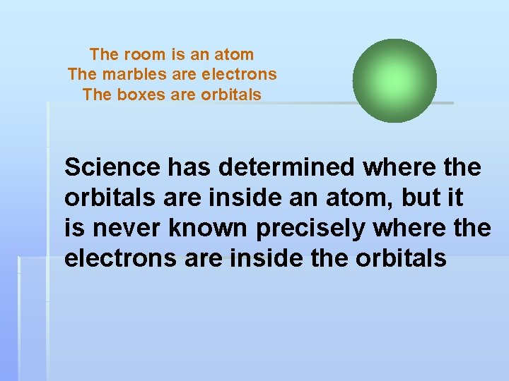 The room is an atom The marbles are electrons The boxes are orbitals Science