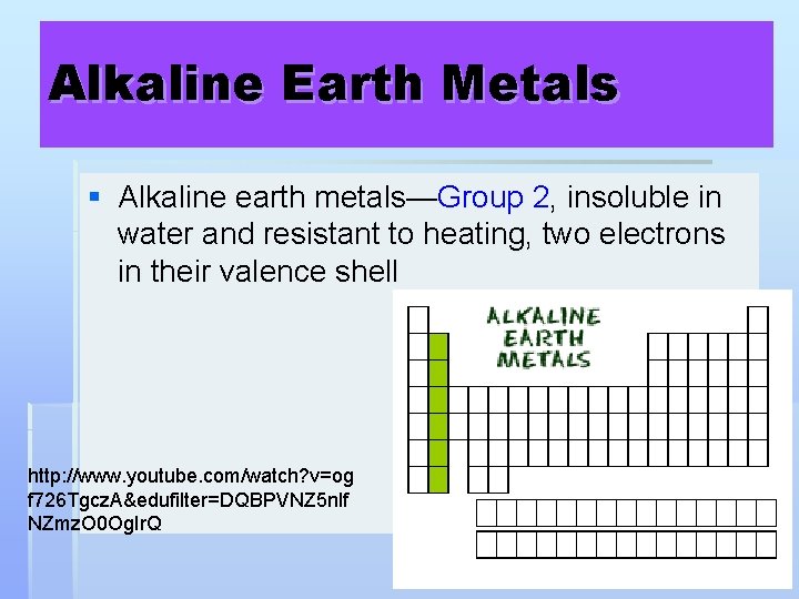 Alkaline Earth Metals § Alkaline earth metals—Group 2, insoluble in water and resistant to