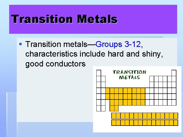 Transition Metals § Transition metals—Groups 3 -12, characteristics include hard and shiny, good conductors