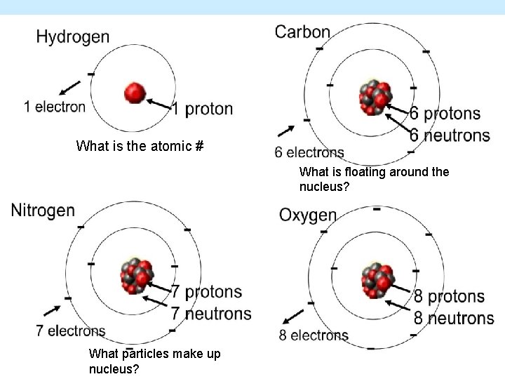 What is the atomic # What is floating around the nucleus? What particles make