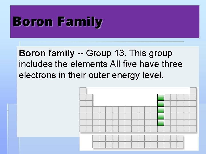 Boron Family Boron family -- Group 13. This group includes the elements All five