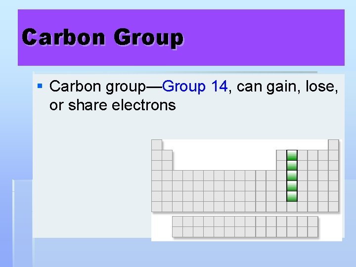 Carbon Group § Carbon group—Group 14, can gain, lose, or share electrons 