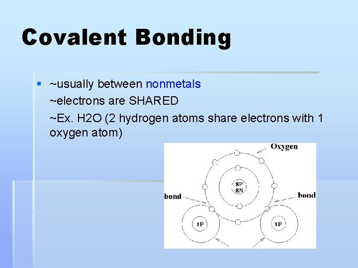 Covalent Bonding § ~usually between nonmetals ~electrons are SHARED ~Ex. H 2 O (2