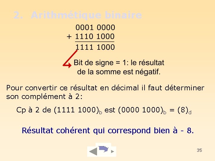 2. Arithmétique binaire Pour convertir ce résultat en décimal il faut déterminer son complément