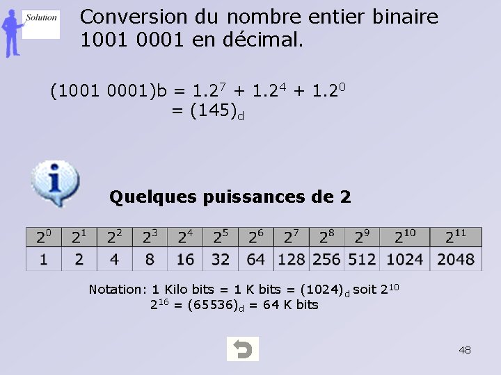 Conversion du nombre entier binaire 1001 0001 en décimal. (1001 0001)b = 1. 27