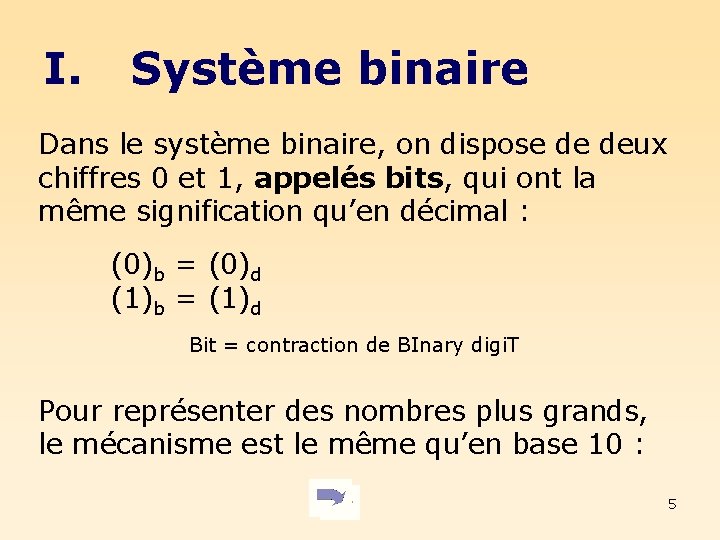 I. Système binaire Dans le système binaire, on dispose de deux chiffres 0 et