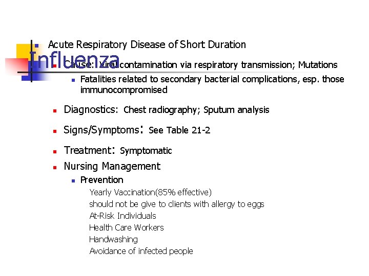 n Acute Respiratory Disease of Short Duration Cause: Viral contamination via respiratory transmission; Mutations