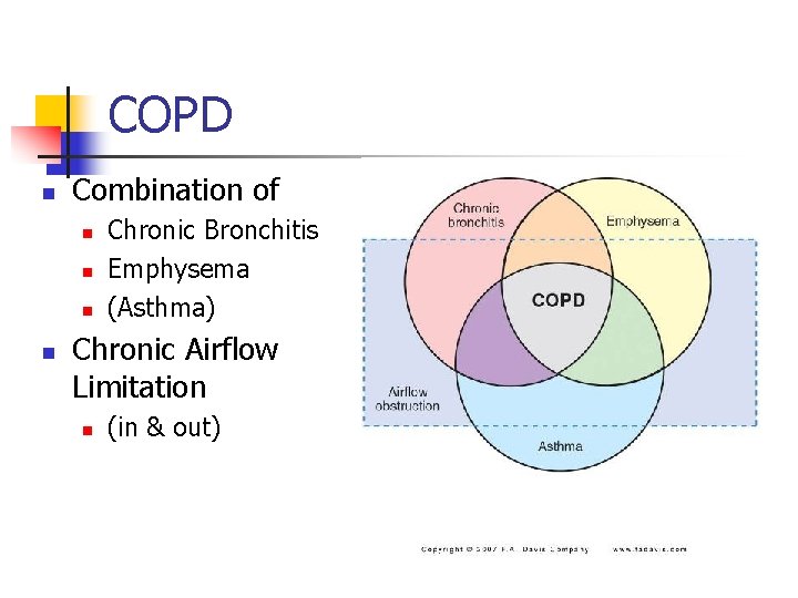 COPD n Combination of n n Chronic Bronchitis Emphysema (Asthma) Chronic Airflow Limitation n