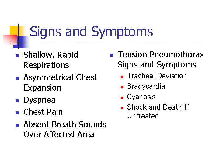 Signs and Symptoms n n n Shallow, Rapid Respirations Asymmetrical Chest Expansion Dyspnea Chest