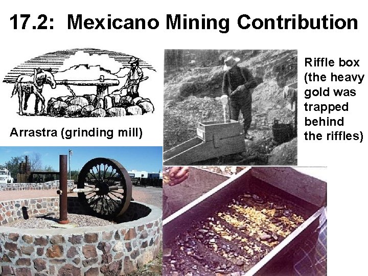 17. 2: Mexicano Mining Contribution Arrastra (grinding mill) Riffle box (the heavy gold was