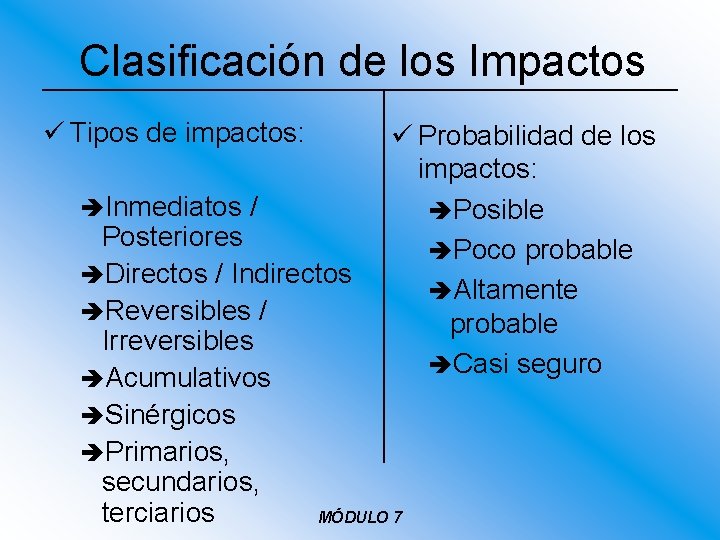 Clasificación de los Impactos ü Tipos de impactos: èInmediatos / ü Probabilidad de los Clasificación de los Impactos ü Tipos de impactos: èInmediatos / ü Probabilidad de los