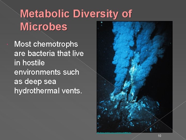 Metabolic Diversity of Microbes Most chemotrophs are bacteria that live in hostile environments such