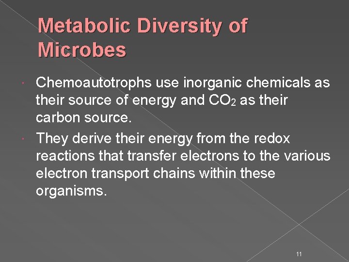 Metabolic Diversity of Microbes Chemoautotrophs use inorganic chemicals as their source of energy and