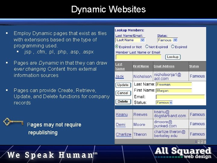 Dynamic Websites Employ Dynamic pages that exist as files with extensions based on the