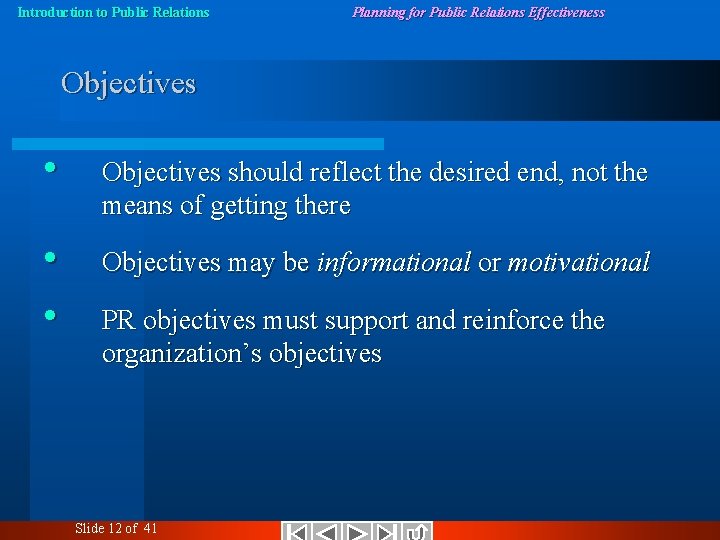Introduction to Public Relations Planning for Public Relations Effectiveness Objectives • Objectives should reflect