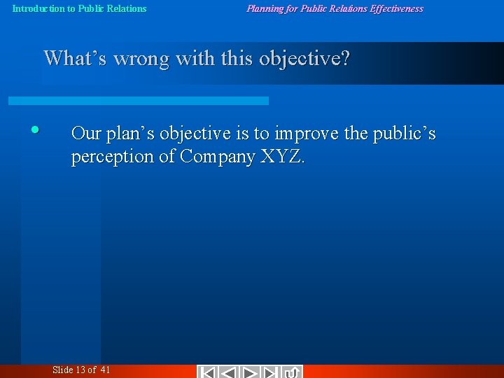 Introduction to Public Relations Planning for Public Relations Effectiveness What’s wrong with this objective?
