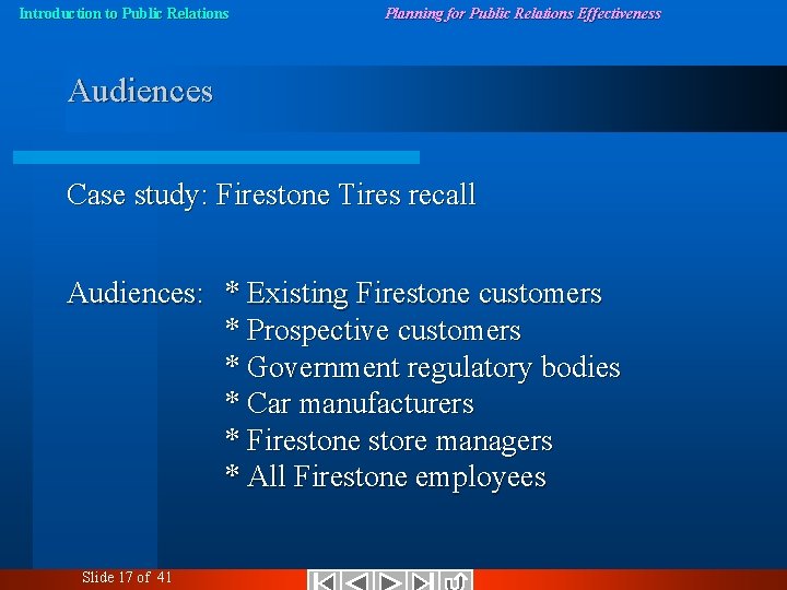 Introduction to Public Relations Planning for Public Relations Effectiveness Audiences Case study: Firestone Tires