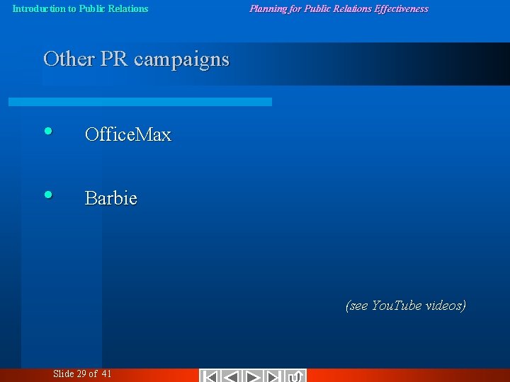 Introduction to Public Relations Planning for Public Relations Effectiveness Other PR campaigns • Office.