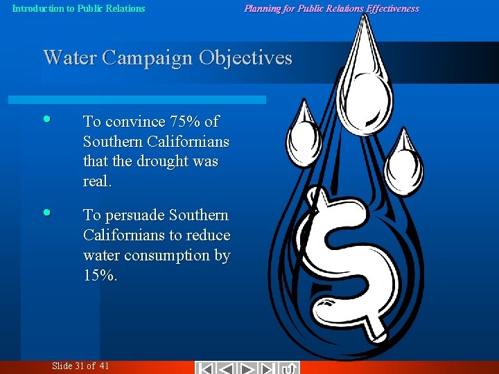 Introduction to Public Relations Planning for Public Relations Effectiveness Water Campaign Objectives • To