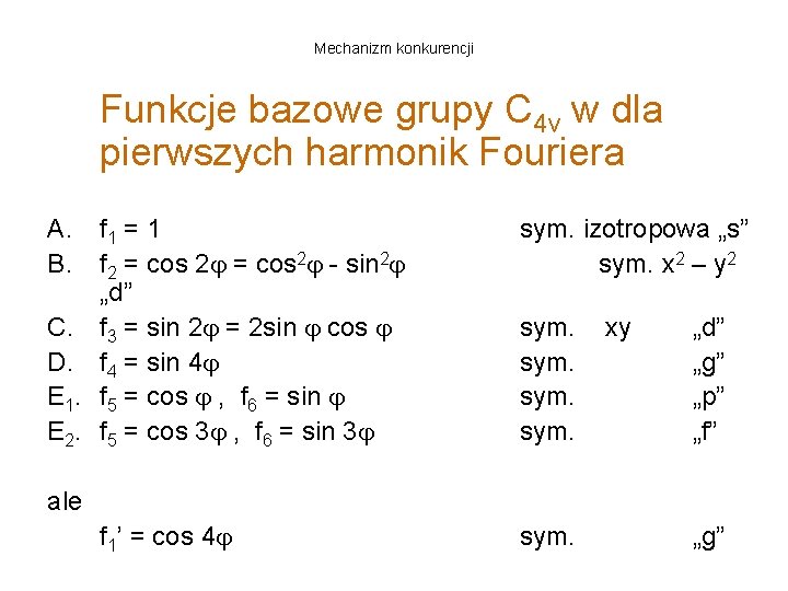 Mechanizm konkurencji Funkcje bazowe grupy C 4 v w dla pierwszych harmonik Fouriera A.