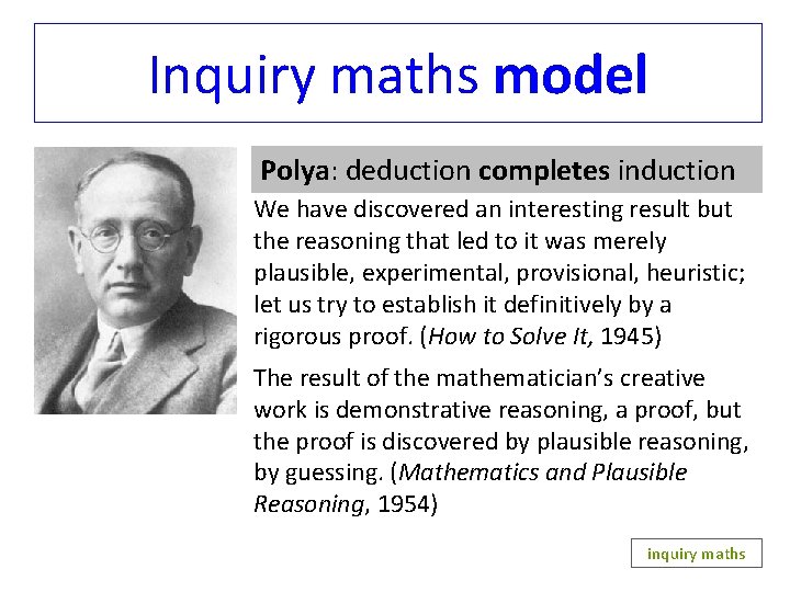 Inquiry maths model Polya: deduction completes induction We have discovered an interesting result but