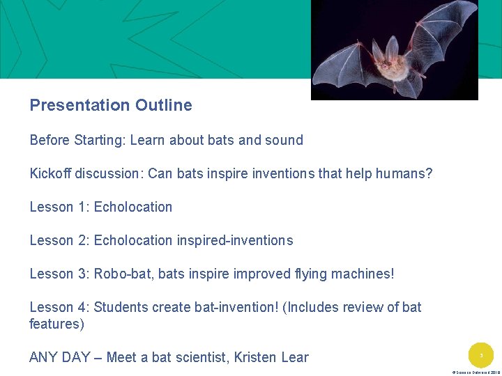 Presentation Outline Before Starting: Learn about bats and sound Kickoff discussion: Can bats inspire