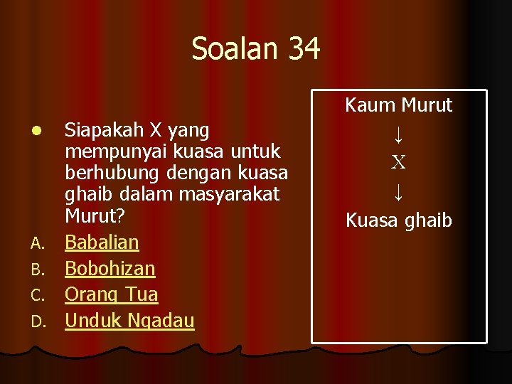 Soalan 34 l A. B. C. D. Siapakah X yang mempunyai kuasa untuk berhubung