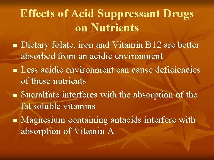 Effects of Acid Suppressant Drugs on Nutrients n n Dietary folate, iron and Vitamin