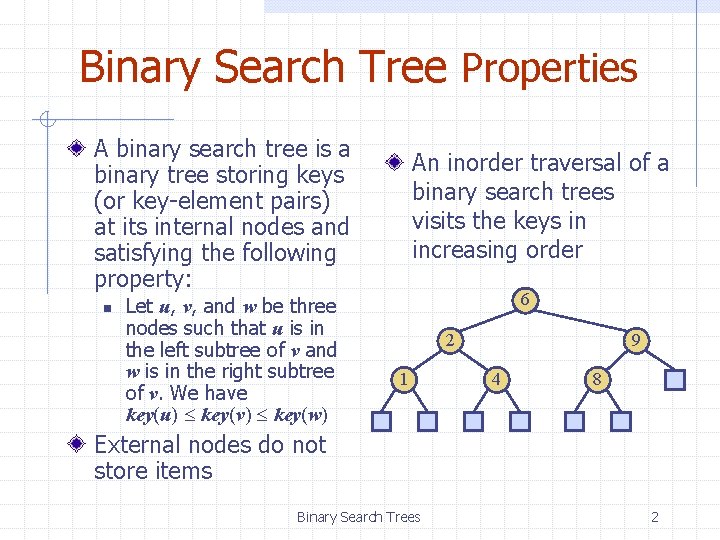 Binary Search Tree Properties A binary search tree is a binary tree storing keys