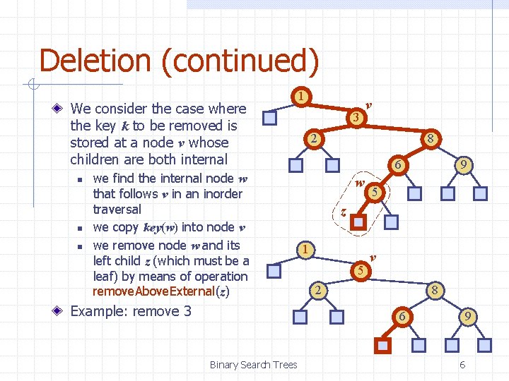 Deletion (continued) We consider the case where the key k to be removed is