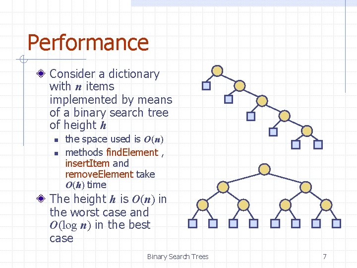 Performance Consider a dictionary with n items implemented by means of a binary search