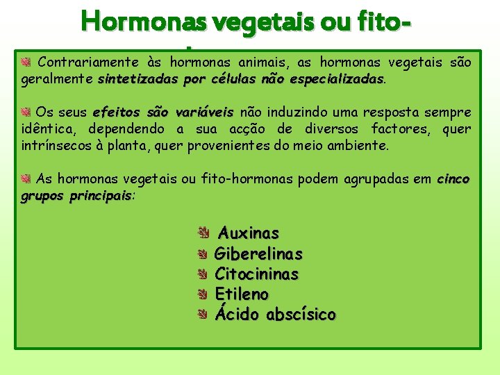 Hormonas vegetais ou fitohormonas Contrariamente às hormonas animais, as hormonas vegetais são geralmente sintetizadas
