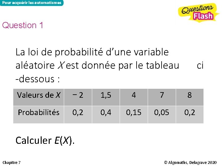 Question 1 La loi de probabilité d’une variable aléatoire X est donnée par le