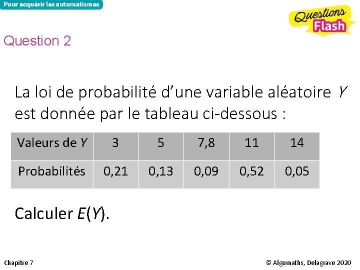 Question 2 La loi de probabilité d’une variable aléatoire Y est donnée par le