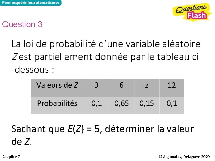 Question 3 La loi de probabilité d’une variable aléatoire Z est partiellement donnée par