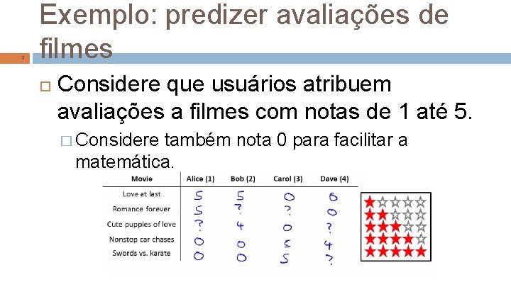 8 Exemplo: predizer avaliações de filmes Considere que usuários atribuem avaliações a filmes com