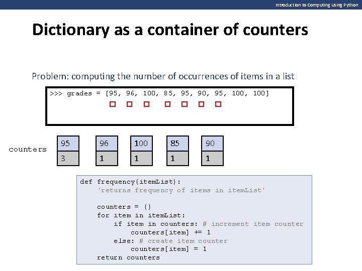 Introduction to Computing Using Python Dictionary as a container of counters Problem: computing the Introduction to Computing Using Python Dictionary as a container of counters Problem: computing the