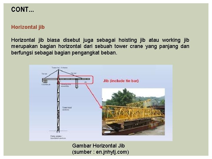 CONT… Horizontal jib biasa disebut juga sebagai hoisting jib atau working jib merupakan bagian