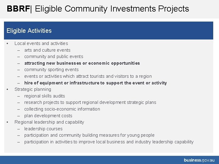 BBRF| Eligible Community Investments Projects Eligible Activities • • • Local events and activities