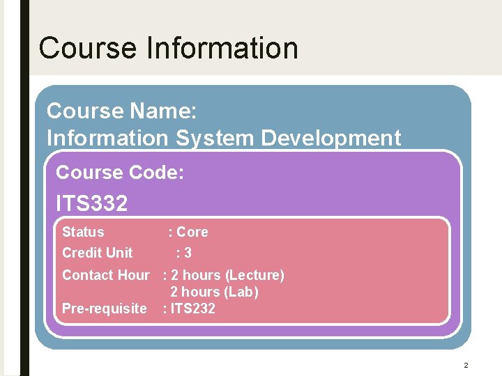 Course Information Course Name: Information System Development Course Code: ITS 332 Status Credit Unit